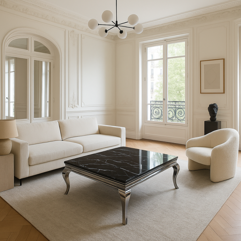 Table basse baroque carrée - Betty, marbre noir, meuble moss