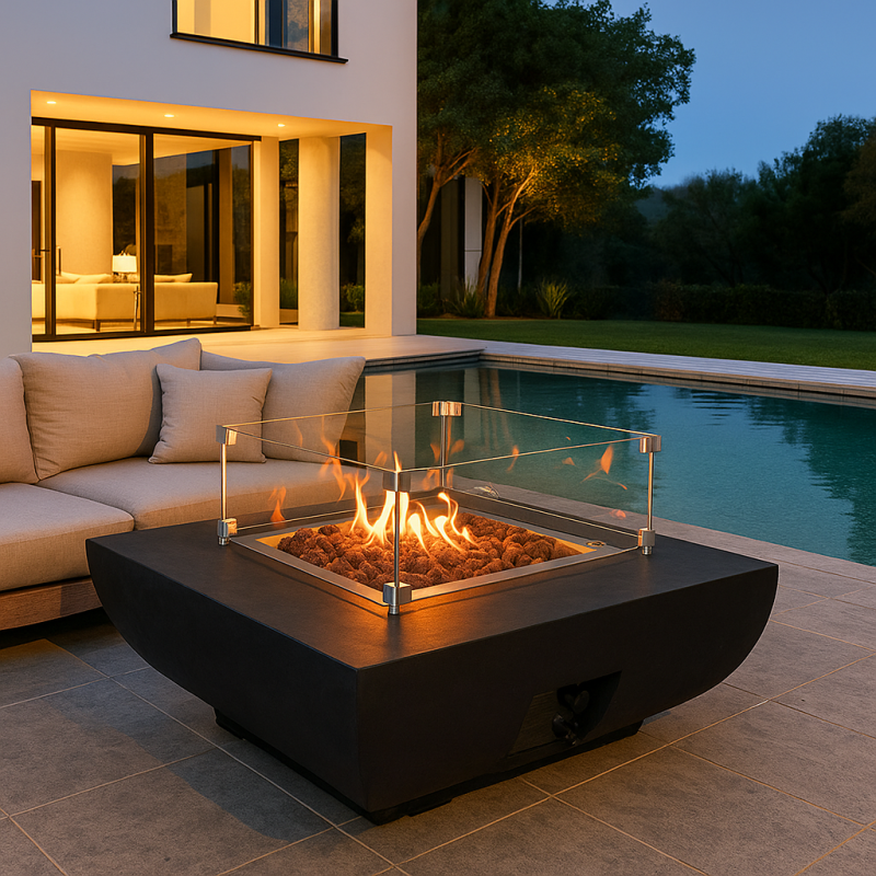 brasero gaz flamme table basse exterieur gris foncé. meubles moss