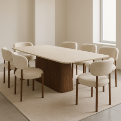 ensemble chaises blanches et pieds bois foncé et table travertin pied bois. meubles moss