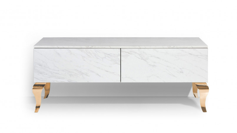 Buffet Banff Blanc Pieds Dorés - 107 Cm Largeur, 2 Tiroirs, Design Moderne Sans Poignées
